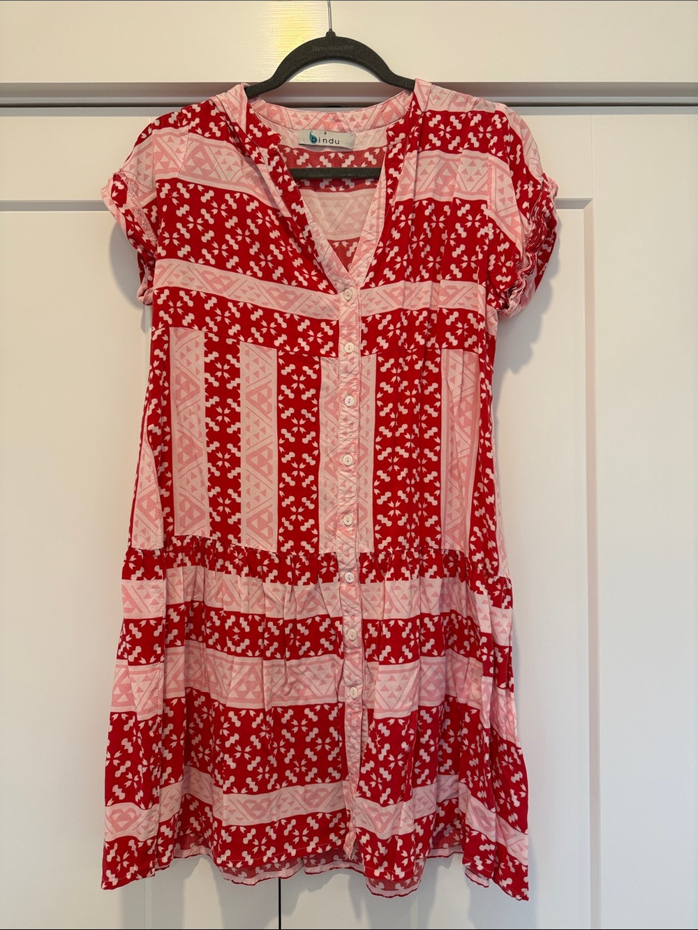 Indu Red & Pink Button-Front Tiered Women's Dress